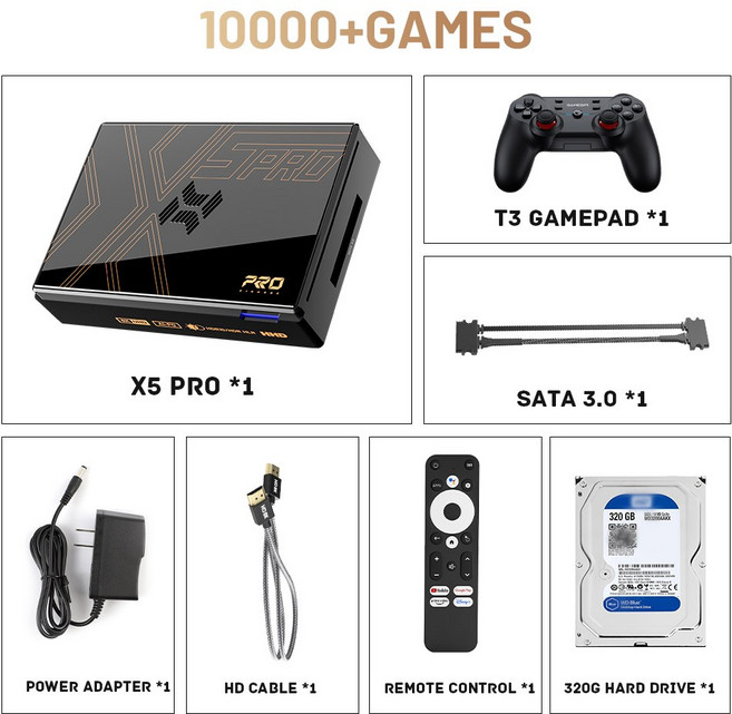 Kinhank 슈퍼 콘솔 X5 프로 레트로 비디오 게임 콘솔 플러그 앤 플레이 4T 16000 게임 PS2 WII SS DC N64 안드로이드 12 TV 박스용, 1) 320G HDDT3  EU, X5 PRO-320G-T3