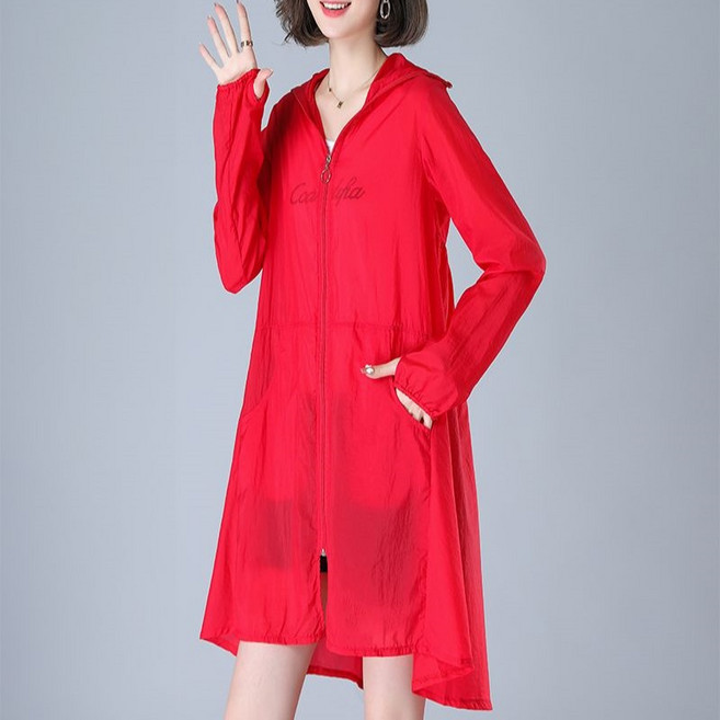 Makone 여성 해빛가림 사파리 바람막이 빅사이즈 통기성 좋은 얇고 코트 경량 루즈핏 아우터 자외선 차단 후드 롱자켓