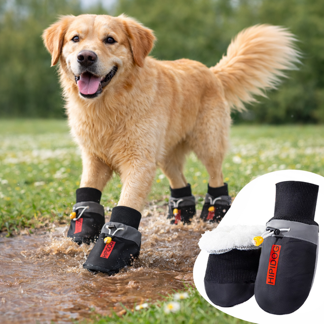 강아지 봄 산책 신발 미끄럼방지 애견 신발 중형견 대형견 발 보호 신발 4개입, 블랙 기모안감, 1세트