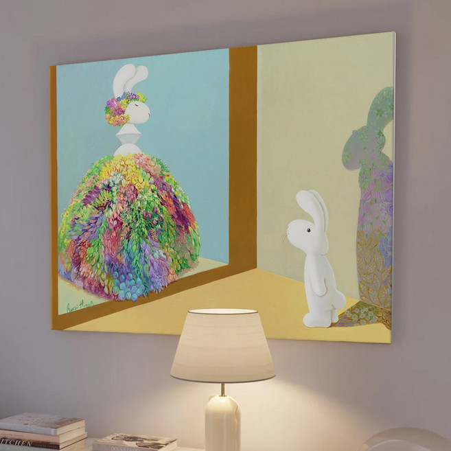 풍수 행운 행복토끼 2 일러스트 토끼그림 카페 아이방 인테리어 캔버스 그림액자 23종 12-23 집들이선물 아가방 데코 동물그림, 23.꿈꾸는토끼(가로형)