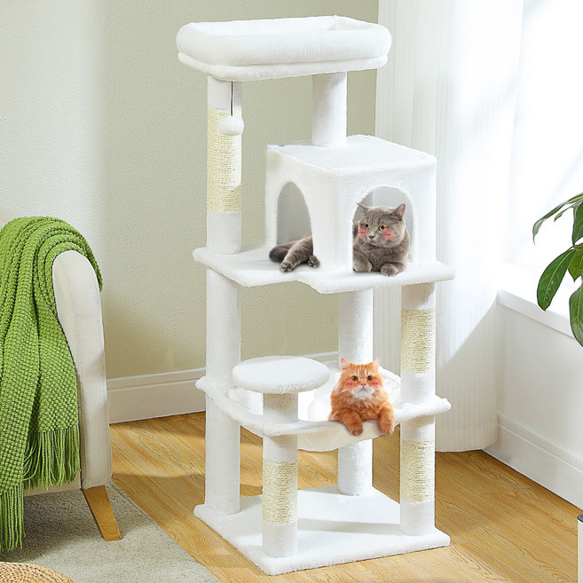 PAWZ Road 5단 심플 다색 중대형 플러시 패브릭 캣타워 대형 해먹+뚱냥이 숨숨집+전망대, 화이트, 1개