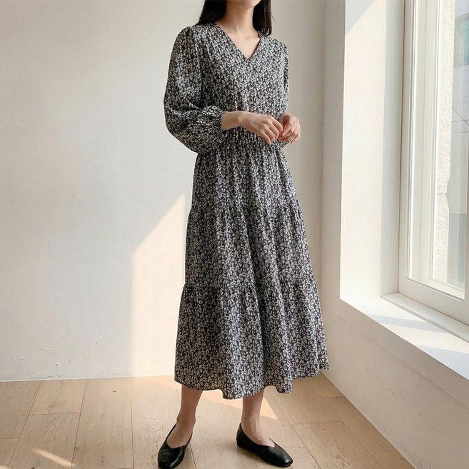 빅사이즈 여성 잔꽃 브이넥 셔링 롱원피스 D119-4 봄가을용