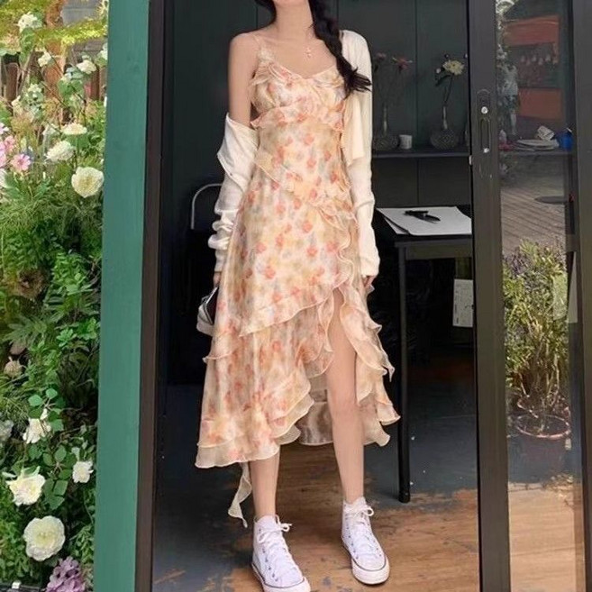 荷葉邊碎花吊帶連衣裙女 夏季新款開叉中長裙, 1個, 桔紅色2XL