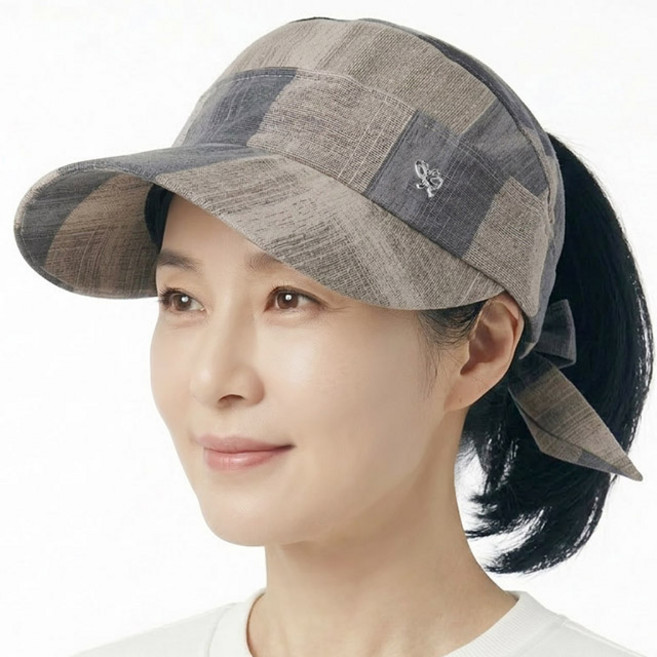 베이직엠 여성 여름모자 썬캡 뒷리본 망사 나비체크