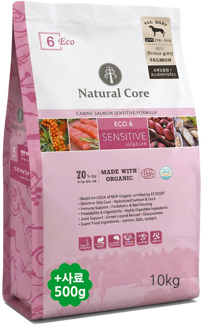 네츄럴코어 에코6 센시티브솔루션 연어 작은입자 (증정 기능성사료500g), 10.5kg, 1개, 가수분해연어