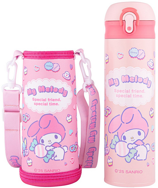다나에 산리오 공식 라이센스 원터치 스텐텀블러 + 물병 가방, 1개, 480ml, 핑크