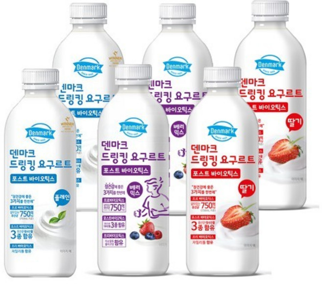 덴마크 드링킹요구르트 750mLx6병(플레인2+딸기2+블루베리2)혼합무배, 6개, 750ml