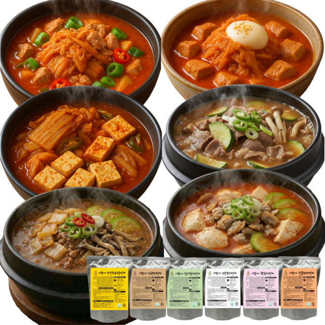 [공장직영] 가성비 끝판왕 요비담 명품찌개 6종세트 (김치3종+차돌+순두부+청국장), 1개, 3.1kg