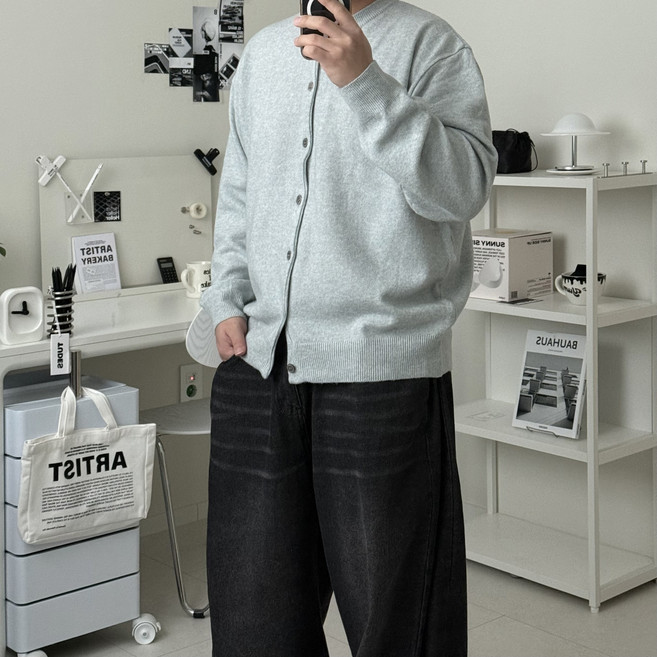 르위 라운드 오버핏 단추 가디건 스판 빅사이즈 니트 아우터