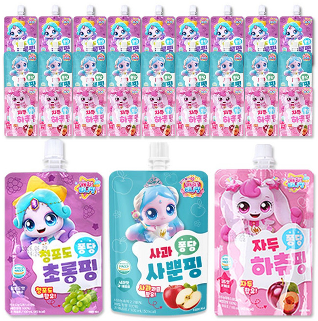 캐치티니핑 퐁당 음료수 하츄핑 자두 + 사뿐핑 사과 + 초롱핑 청포도, 30개, 100ml