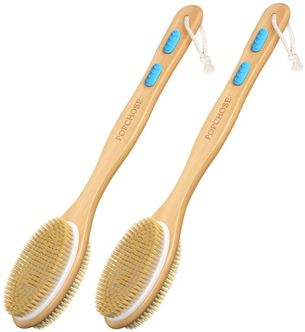 POPCHOSE 양면 각질 제거 바디 브러쉬 긴 핸들 샤워 브러쉬 등 마사지 등드름 예방 사으품, 1개, 혼합색상, 1개입 - 쿠팡