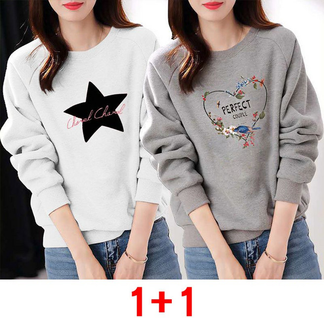 1+1 여성 긴팔 맨투맨 봄가을 루즈핏 코디 라운드넥 티셔츠 겨울 캐주얼 긴팔티 상의 LJX