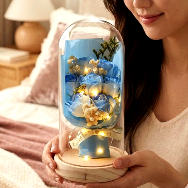 셀루미스 꽃무드등 LED 장미 무드등 유리돔 플라워 시들지않는 꽃 여자친구 선물 프리저브드, 블루
