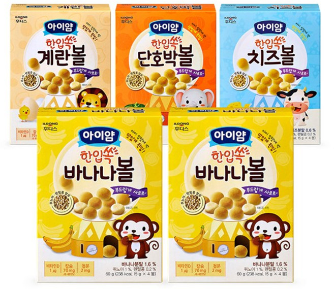 일동후디스 아이얌 한입쏙 볼과자 5개 혼합(계란볼 단호박볼 치즈볼 바나나볼), 1세트, 60g, 계란볼2 + 단호박볼2 + 치즈볼1 + 바나나볼3