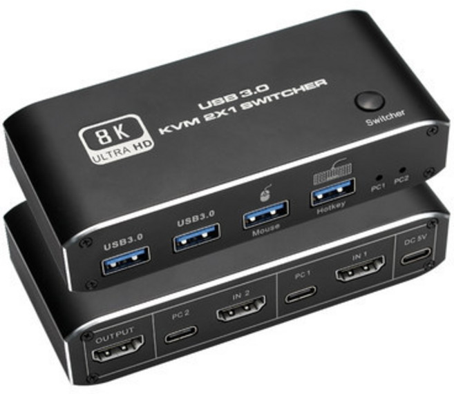 兩端口USB3.0 KVM切換器HDMI 2.0 2進1出電腦切換器 高速傳輸 輕鬆切換, 1個, 支持8K@60HZ USB3.0KVM, 支持8K@60HZ USB3.0KVM