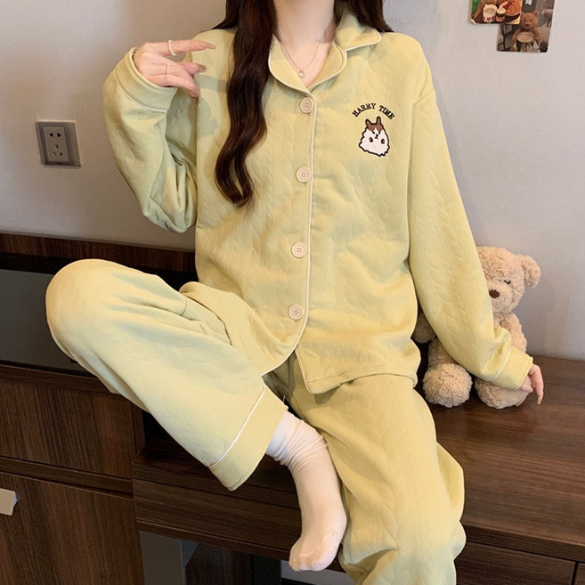 여성 에어솜 부드러운 샌드위치 층 보온 잠옷 세트 가을겨울 항균 흡습 귀여운 카툰 패턴 외출 가능 캐주얼 홈웨어 인기템