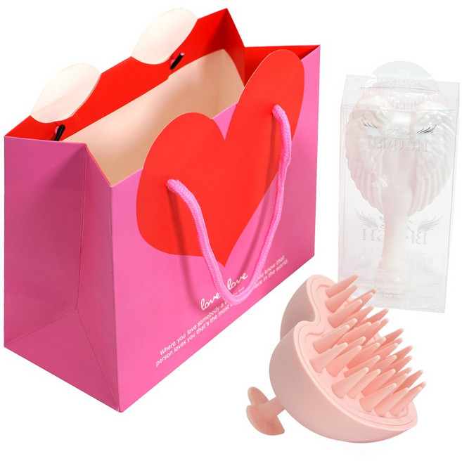 미니 천사 Detangling 헤어 브러시 실리콘 샴푸 브러시 헤드 두피 마사지 빗 여성을위한 발렌타인 데이 기, 01 TS02-GJ222-set, 1개