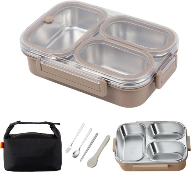 에트레 3칸 직장인 밀폐 스텐 식판 도시락 +수저세트+도시락가방, 카키, 1세트