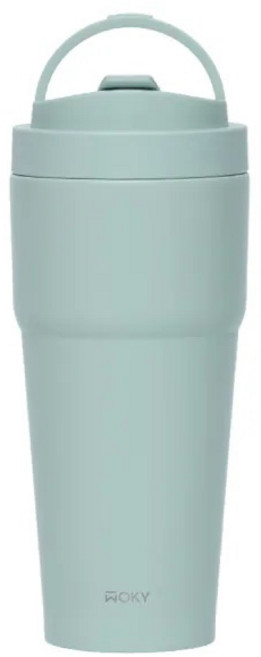 WOKY 渾圓杯 雙層陶瓷杯 750ml 附矽膠吸管, 水淺綠, 1個