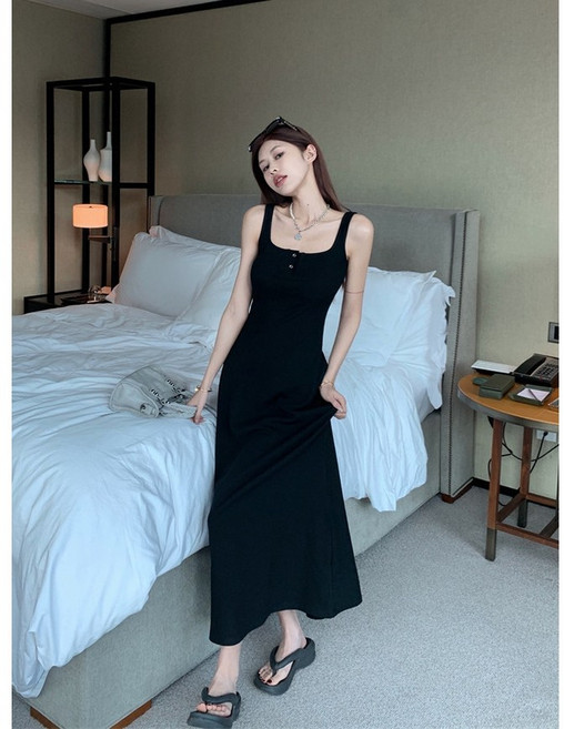 甜辣風 吊帶連衣裙 女夏季新款 純欲風 A字無袖長裙, 黑色,2XL