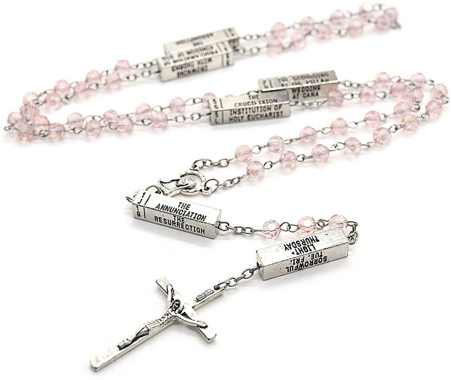 십자가 펜던트 블루 유리 크리스탈 묵주 가톨릭 목걸이 49개가 달린 Y형 목걸이, 분홍색