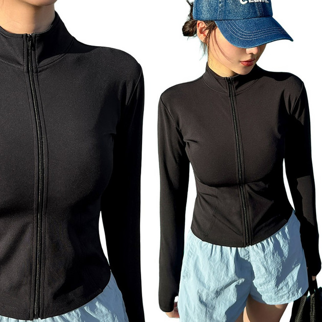 5컬러+3사이즈 UPF50+ 스토미 래쉬가드 슬림핏 하이넥 집업 긴팔 여행 여름 여성 여자 상의 비치웨어 스윔웨어, 블랙