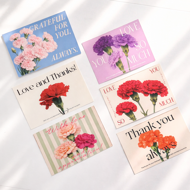 스승의날 어버이날 카네이션 꽃 감사 메세지 엽서 카드 + 카드봉투 세트, 메세지카드+봉투 6종 세트, 18개