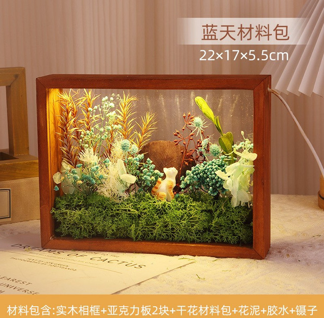 幹花相框手工立體中空永生花畫框diy材料包亞克力帶燈實木展示框, 1件, 8寸棕色帶燈款藍天