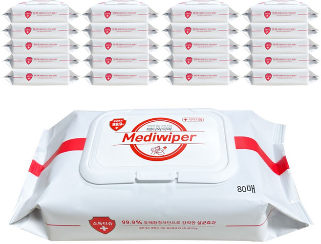 메디와이퍼 손 살균 소독 물티슈 캡형, 80매, 20개