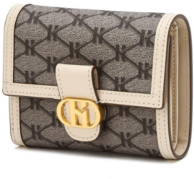 헤지스 여성 아이보리 천연 소가죽 시그니처 패턴 3단 반지갑