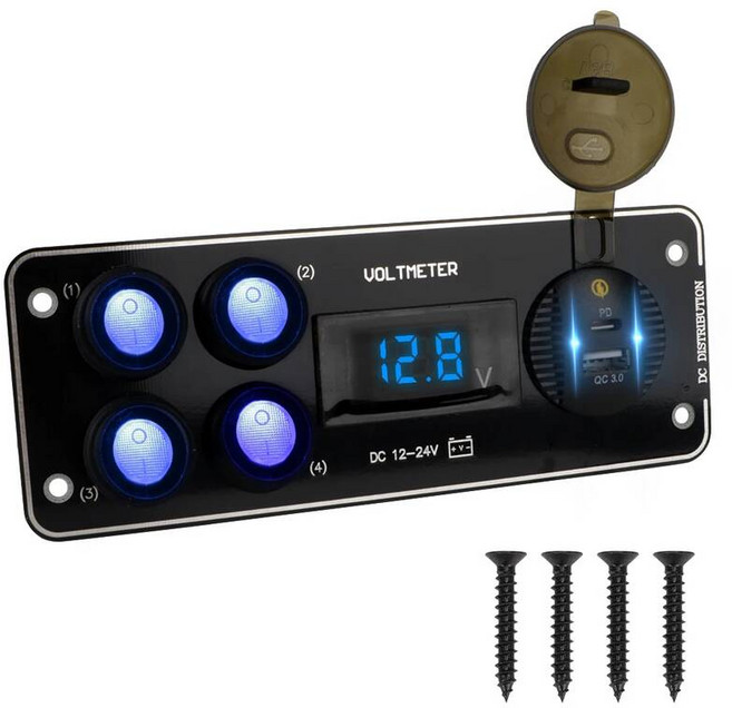 24V 12V 스위치 패널 4버튼 자동차 호환 조명 토글 USB 충전기 3.0 전원 어댑터 보트 캐러밴 RV 트럭 트레일러용 액세서리, 파란, 파란색