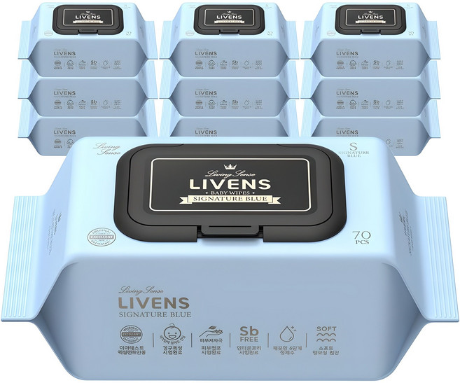 리벤스 유아용 시그니처 블루 도톰한 엠보싱 물티슈 캡형, 75g, 70매, 10개