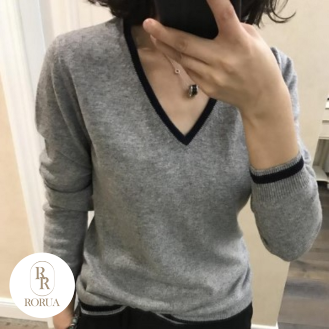 로루아 여성 부드러운 양모 브이넥 니트 V넥 니트티