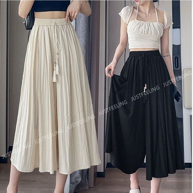 JUSTFEELING S-3XL 빅사이즈 허리밴딩 와이드 치마바지 시원한 찰랑찰랑 여름팬츠 하이웨스트 데일리 편안한 7부바지 슬랙스