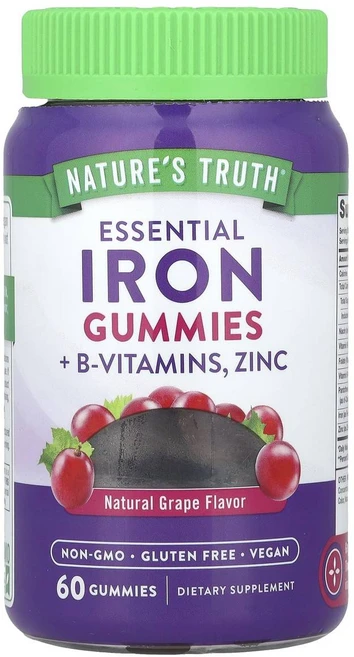 Nature's Truth 필수 철분 + 비타민B군 아연 구미젤리 천연 포도 맛 구미젤리 60개, NaturesTruth필수철분비타민B군아연구미젤리천연포, 1개, 60정 - 쿠팡