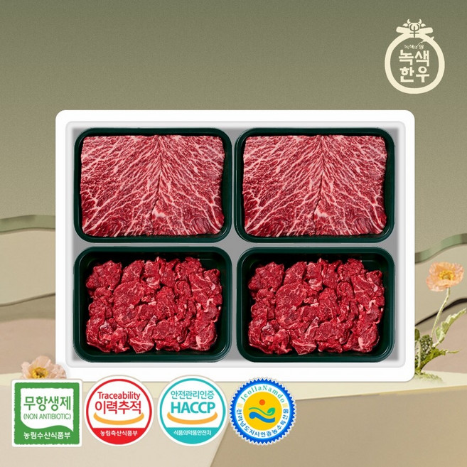 [녹색한우] 무항생제 1+등급 한우선물세트 정육 1호 1.2kg (국/국/불/불), 1세트