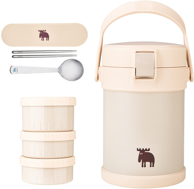 MOZ 스웨덴 316 스텐 일체형 3단 대용량 보온도시락 보온백 수저세트, 1세트, 오트밀베이지 일체형