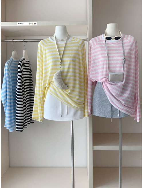 여성 여름 스트라이프 긴팔 티 래쉬가드 얇은 오버핏 상의 루즈핏 긴팔 티셔츠 래쉬가드 상의 자외선차단 래쉬가드 바캉스 휴가 캠핑룩, 블랙