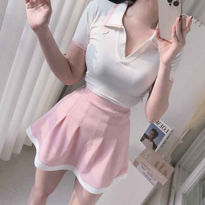 마리앙 크롭 카라티 플리츠 미니스커트 세트 스쿨룩