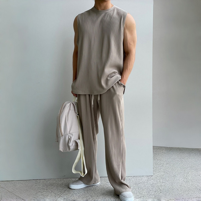 ANYOU 여름 남자 리브 시원한 노슬리브 세트 티셔츠 오버사이즈 데일리 스포츠 세트 세트 상하의