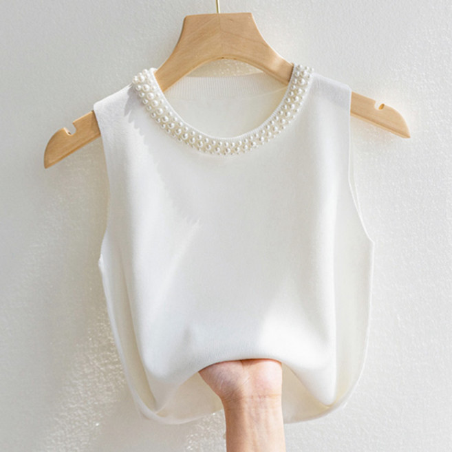 여성 진주 라운드 크롭 니트 이너 레이어드 민소매 나시 탑 W828
