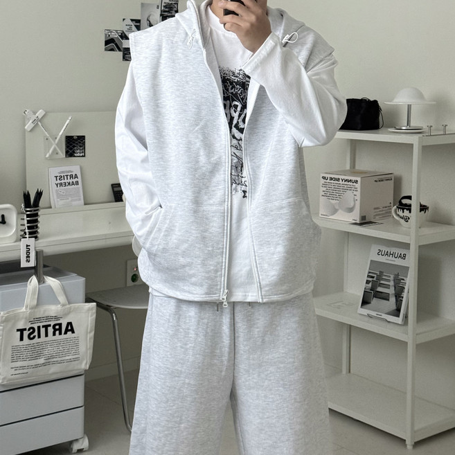 르위 남녀공용 후드조끼집업 오버핏 투웨이지퍼 빅사이즈