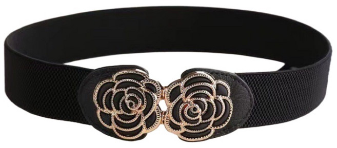 玫瑰花對扣鬆緊彈力細版腰封 女腰帶