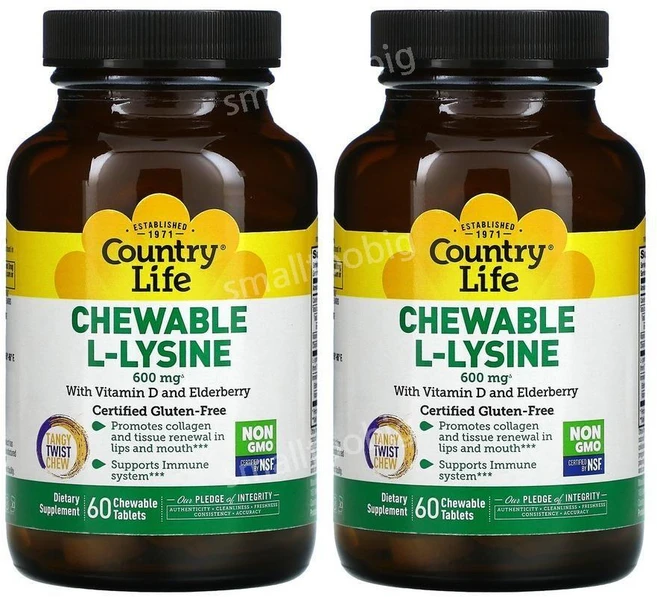 Country Life 컨트리 라이프 츄어블 L 라이신 및 비타민D 엘더베리 300mg 60 츄어블정 1+1 콜레칼시페롤 전해질 함유, 60정 2병, 60정 - 쿠팡