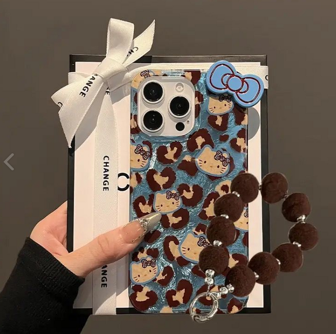 블루 호피 리본 키티 고양이 아이폰 14/15/16 프로 케이스+체인 핸드폰줄