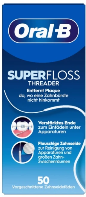 Oral-B Oral B SUPER 슈퍼floss 치실 플라그 및 치석 제거 강화된 끝 또는 푹신한 중앙 좁고 넓은 공간용 교정기 기구 세척용 4 x 50 사전 절단, 6개, 50개입, 40cm - 쿠팡