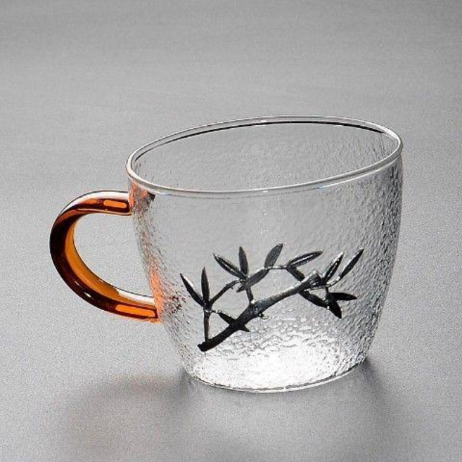 錘紋玻璃小茶杯 帶把日式功夫品茗杯 透明加厚家用主人杯, 錘紋橙把, 竹子, 1個