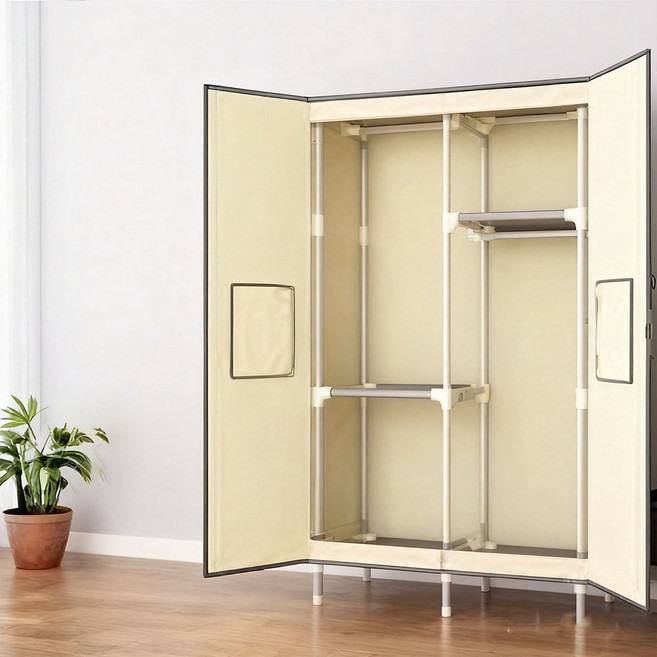 磁吸式防塵布衣櫃 簡易落地衣櫥 雙開門設計 附三抽屜 米色 90x45x170公分, 米色 拉門款90*45*170配3抽屉, 米色 拉門款