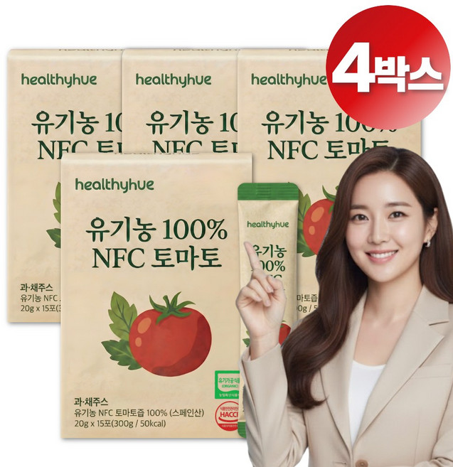 헬씨휴 유기농 NFC 토마토 100% 착즙 원액 스틱, 4개, 300g