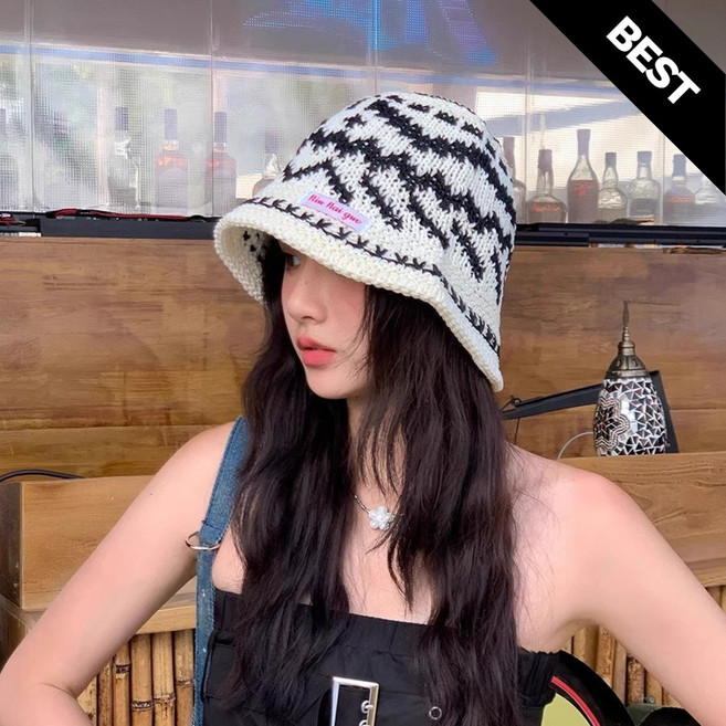 더애비뉴 여성 투톤 니트 벙거지 버킷햇 데일리 휴양지 여름 모자